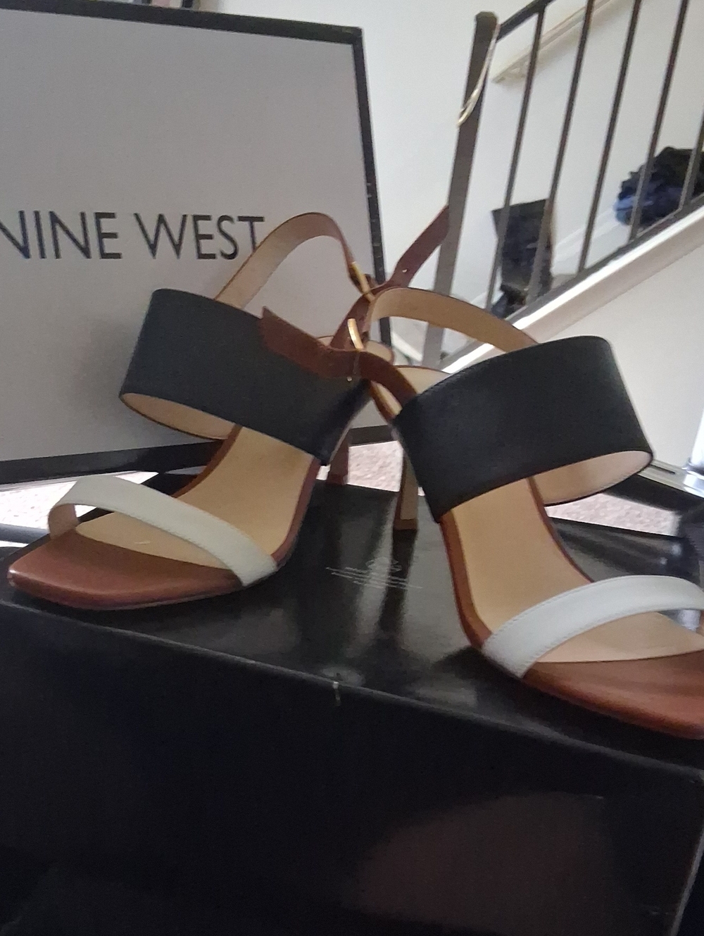 Nine West Black and White Leather Strappy Heels